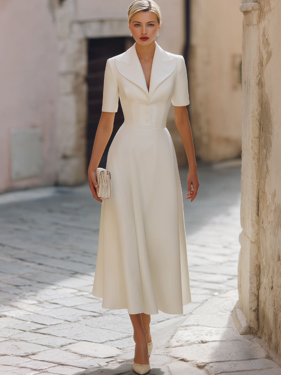 Tailored Notched Collar Button-Detail Midi Dress