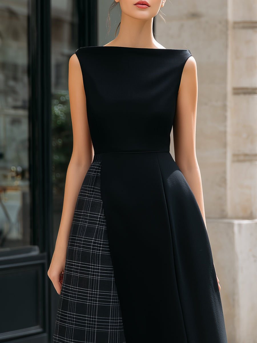 Asymmetric Plaid Panel Sleeveless Midi Dress