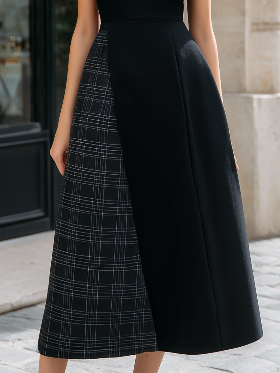 Asymmetric Plaid Panel Sleeveless Midi Dress