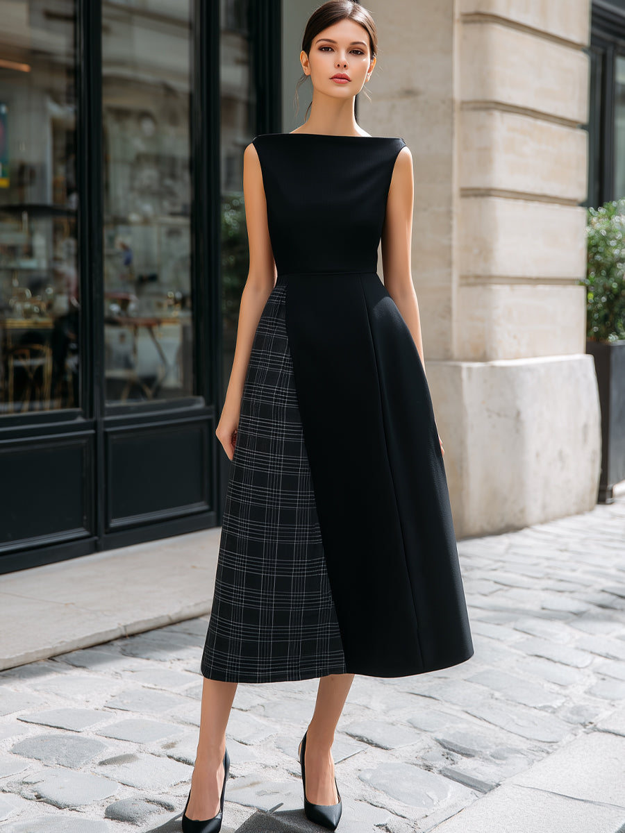 Asymmetric Plaid Panel Sleeveless Midi Dress