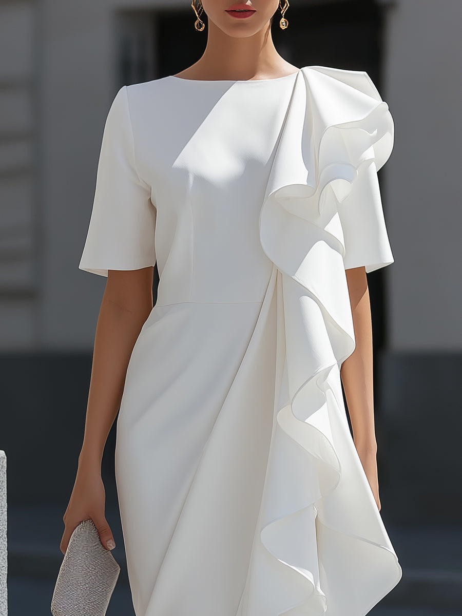 Asymmetric Ruffle Cascade Draped Midi Dress