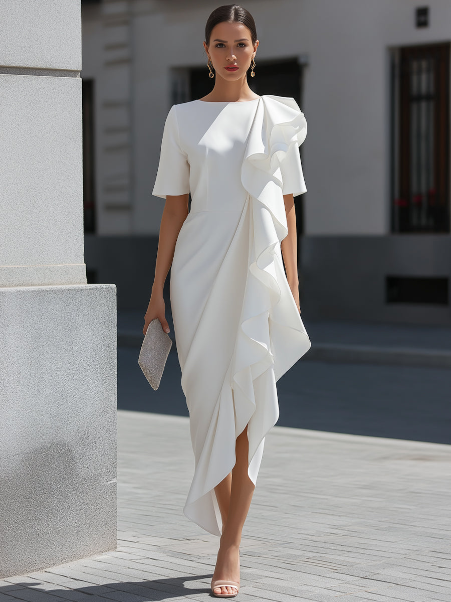 Asymmetric Ruffle Cascade Draped Midi Dress
