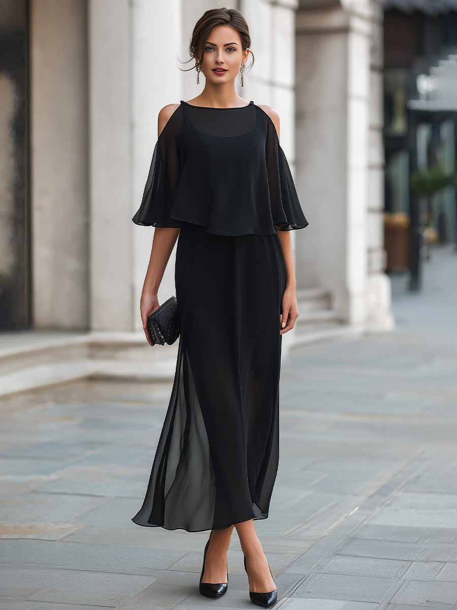 Structured Cold-Shoulder Sheer Overlay Maxi Dress