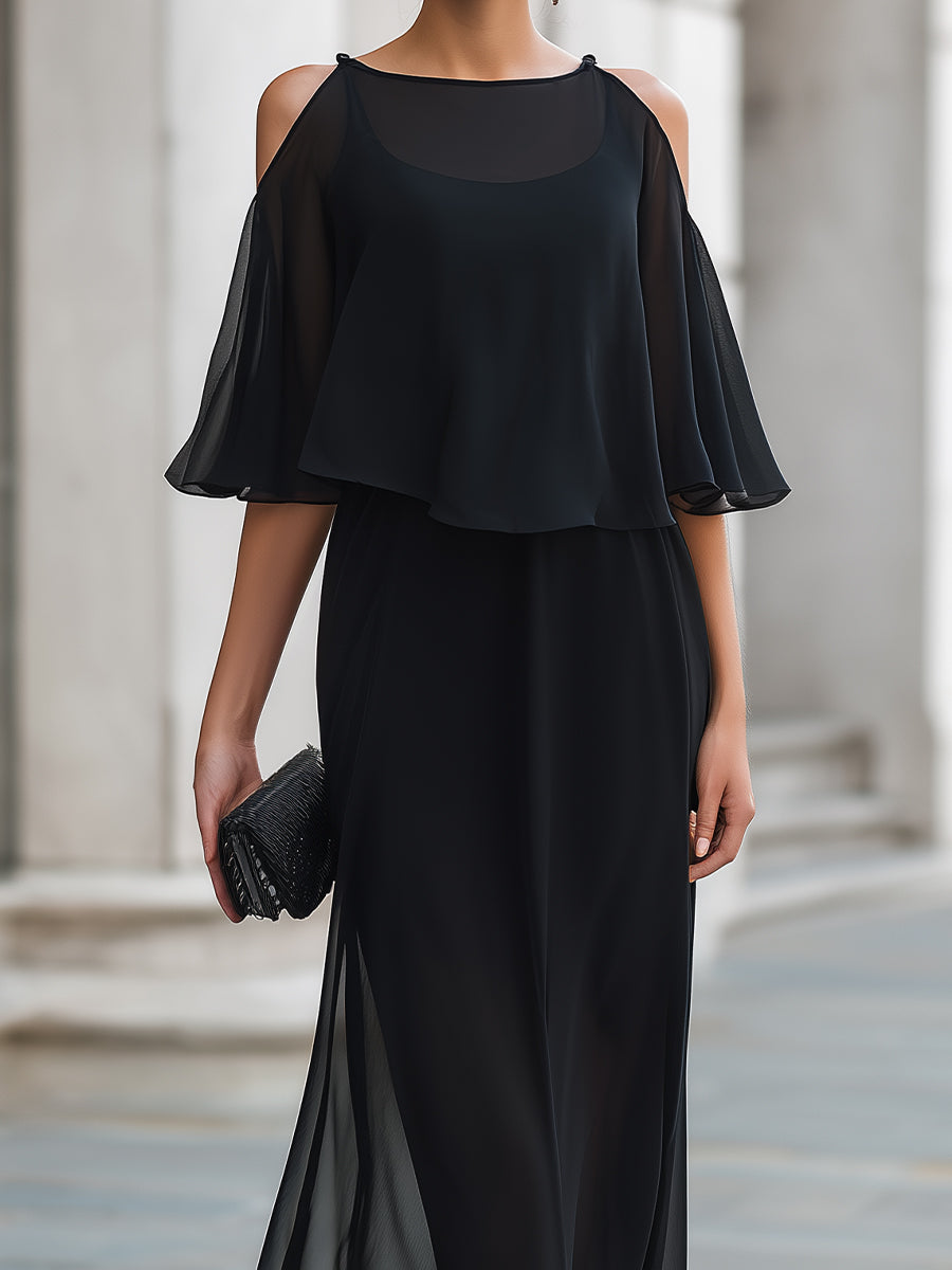 Structured Cold-Shoulder Sheer Overlay Maxi Dress
