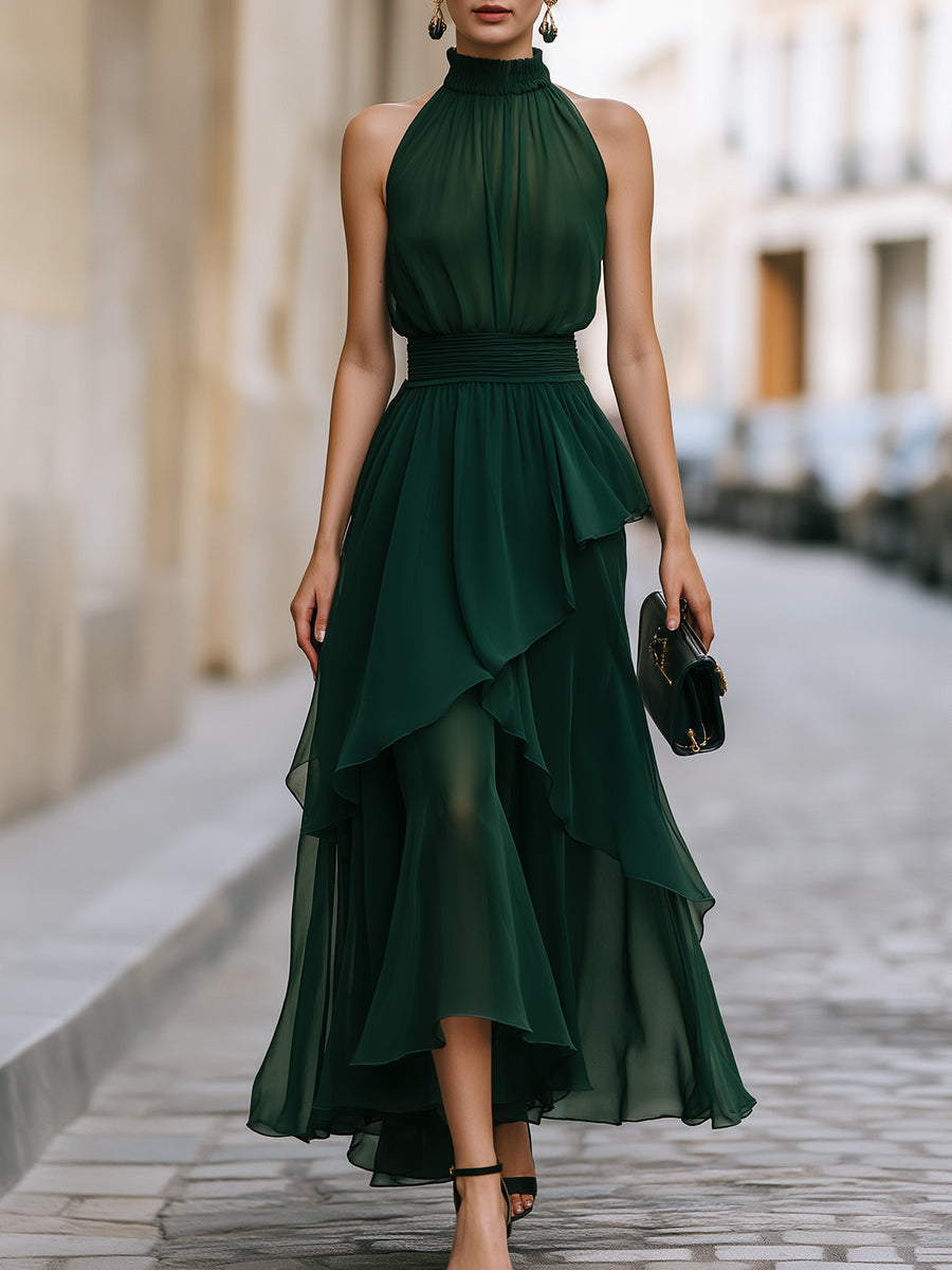 Elegant Halter Neck Layered Chiffon Midi Dress