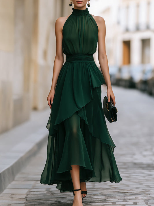 Elegant Halter Neck Layered Chiffon Midi Dress