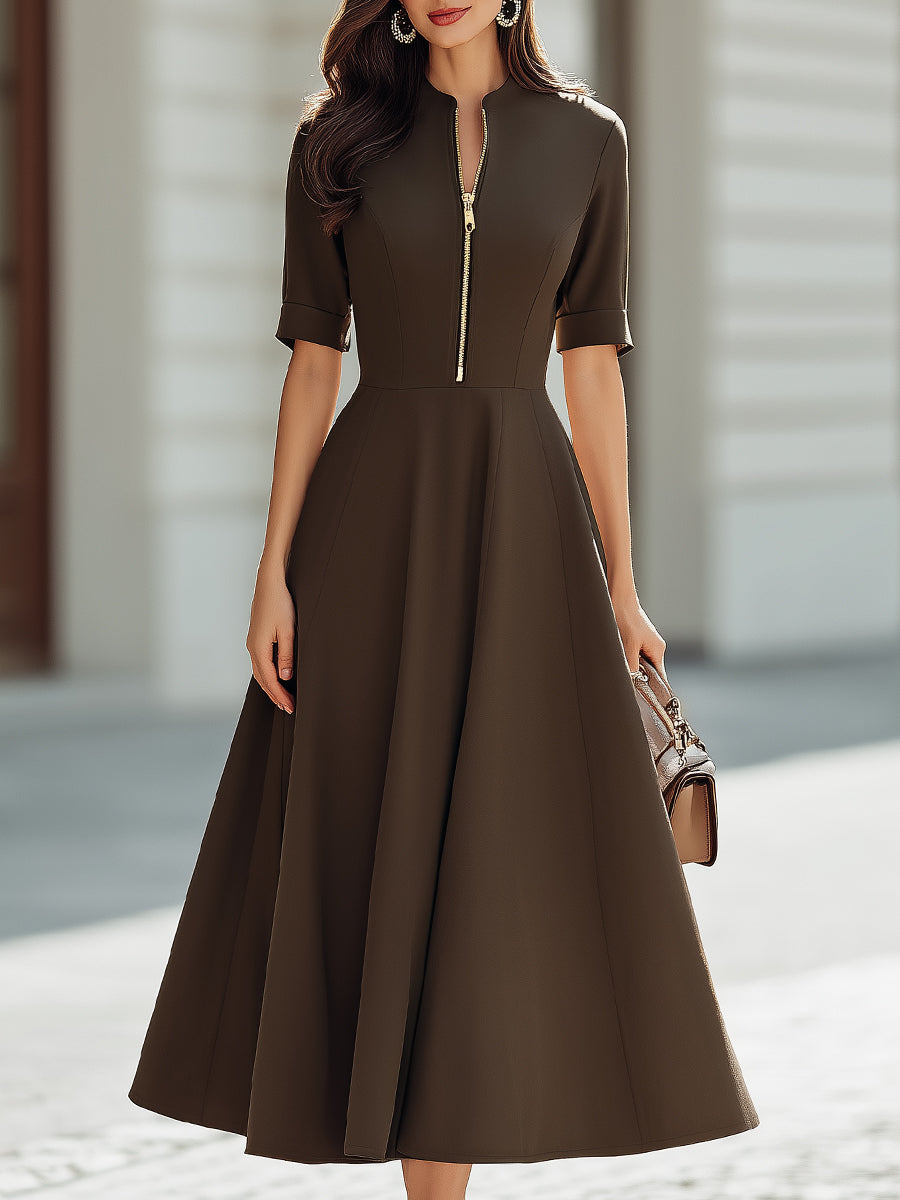 Structured Half-Zip Fit-and-Flare Midi Dress