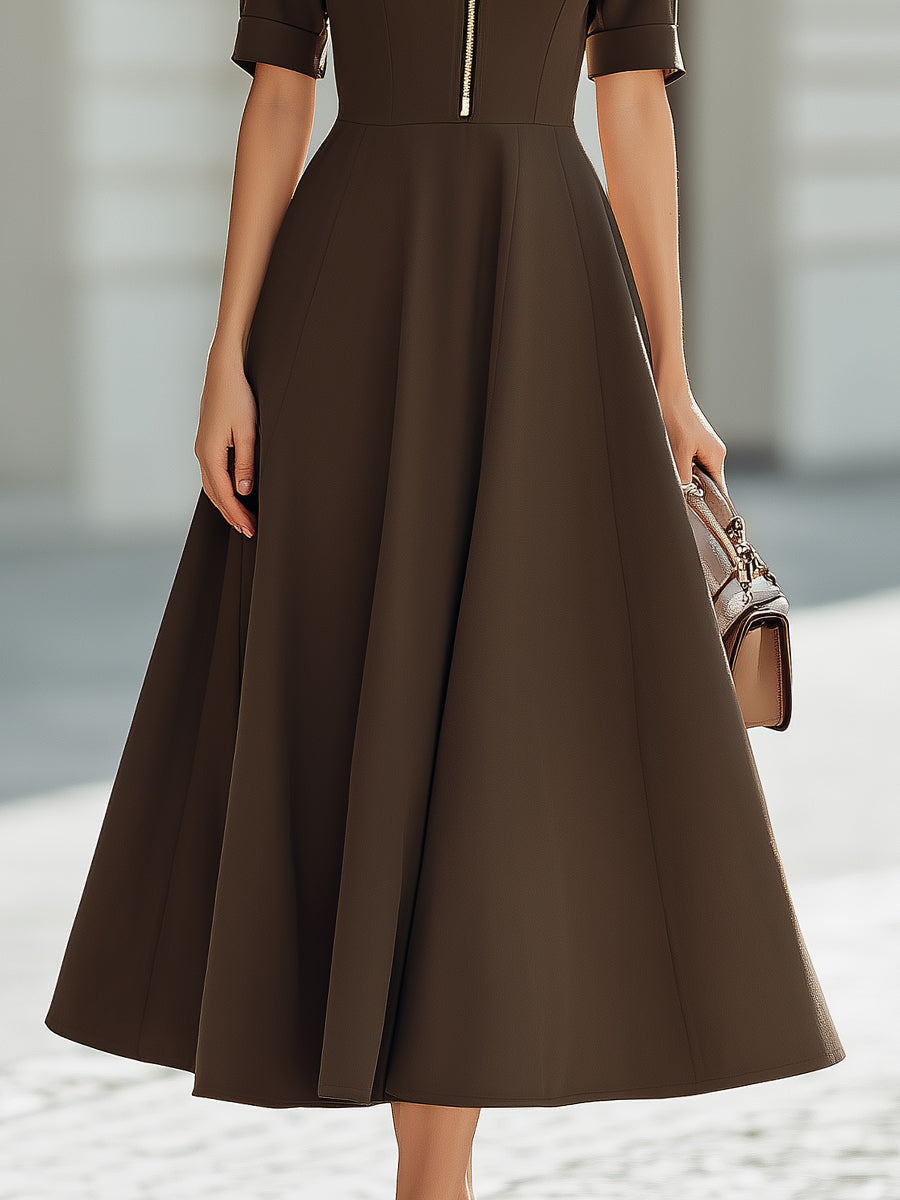 Structured Half-Zip Fit-and-Flare Midi Dress
