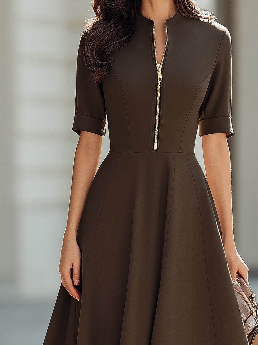 Structured Half-Zip Fit-and-Flare Midi Dress