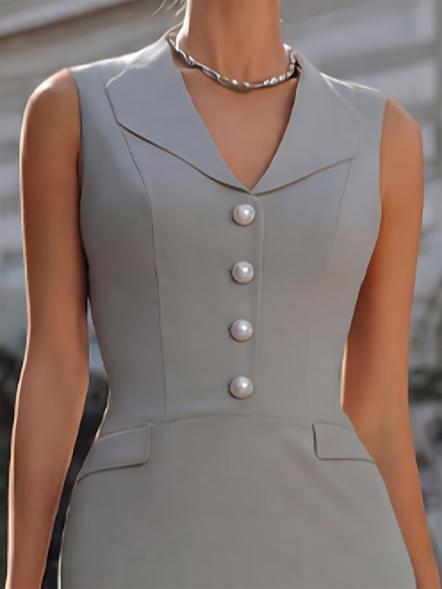 Elegant Sleeveless Pearl Button Pencil Midi Dress