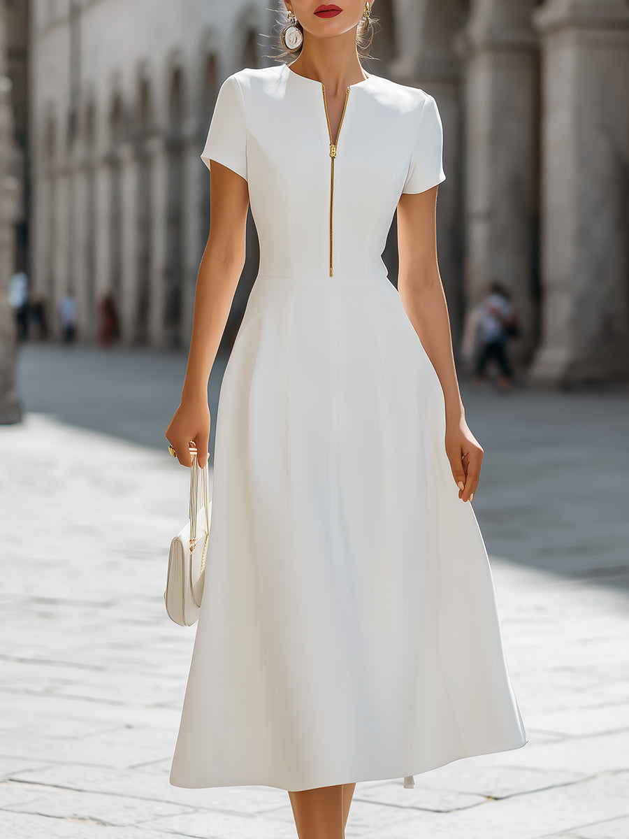 Minimalist Half-Zip Fit-and-Flare Midi Dress
