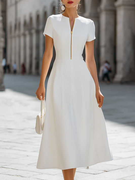 Minimalist Half-Zip Fit-and-Flare Midi Dress
