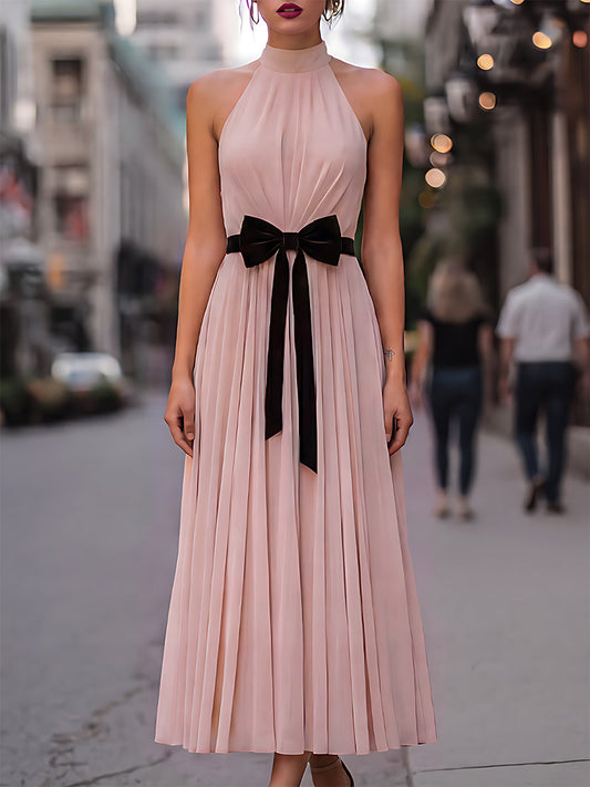 Pleated Halter Neck Maxi Dress With Velvet Bow Detail