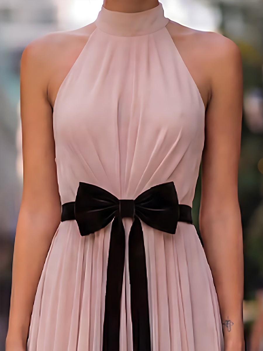 Pleated Halter Neck Maxi Dress With Velvet Bow Detail