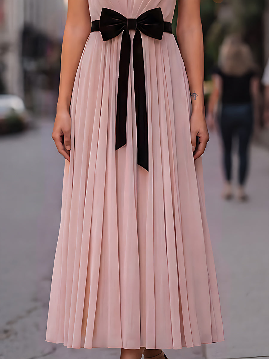 Pleated Halter Neck Maxi Dress With Velvet Bow Detail