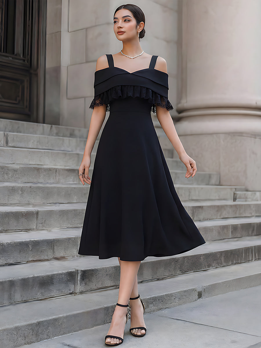 Off-Shoulder Lace Trim A-Line Midi Dress