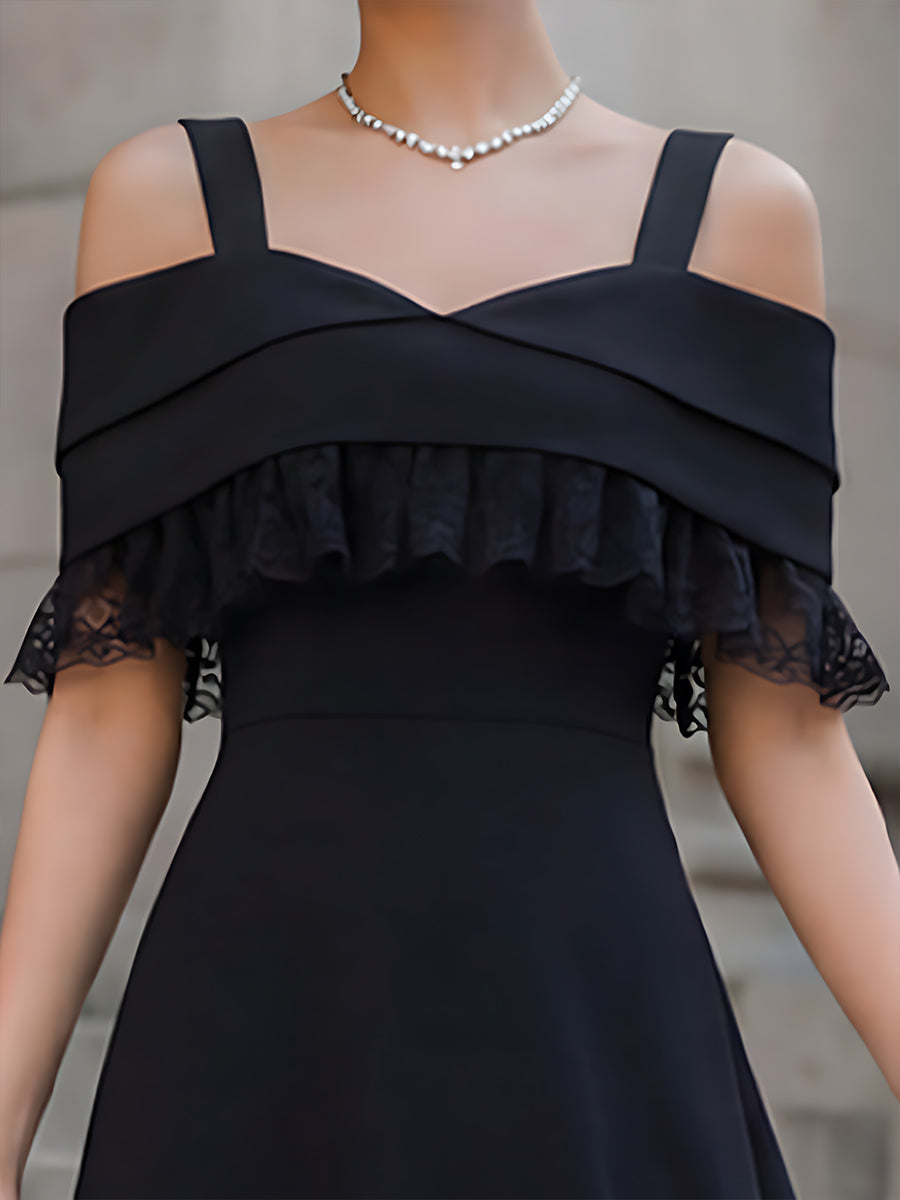 Off-Shoulder Lace Trim A-Line Midi Dress