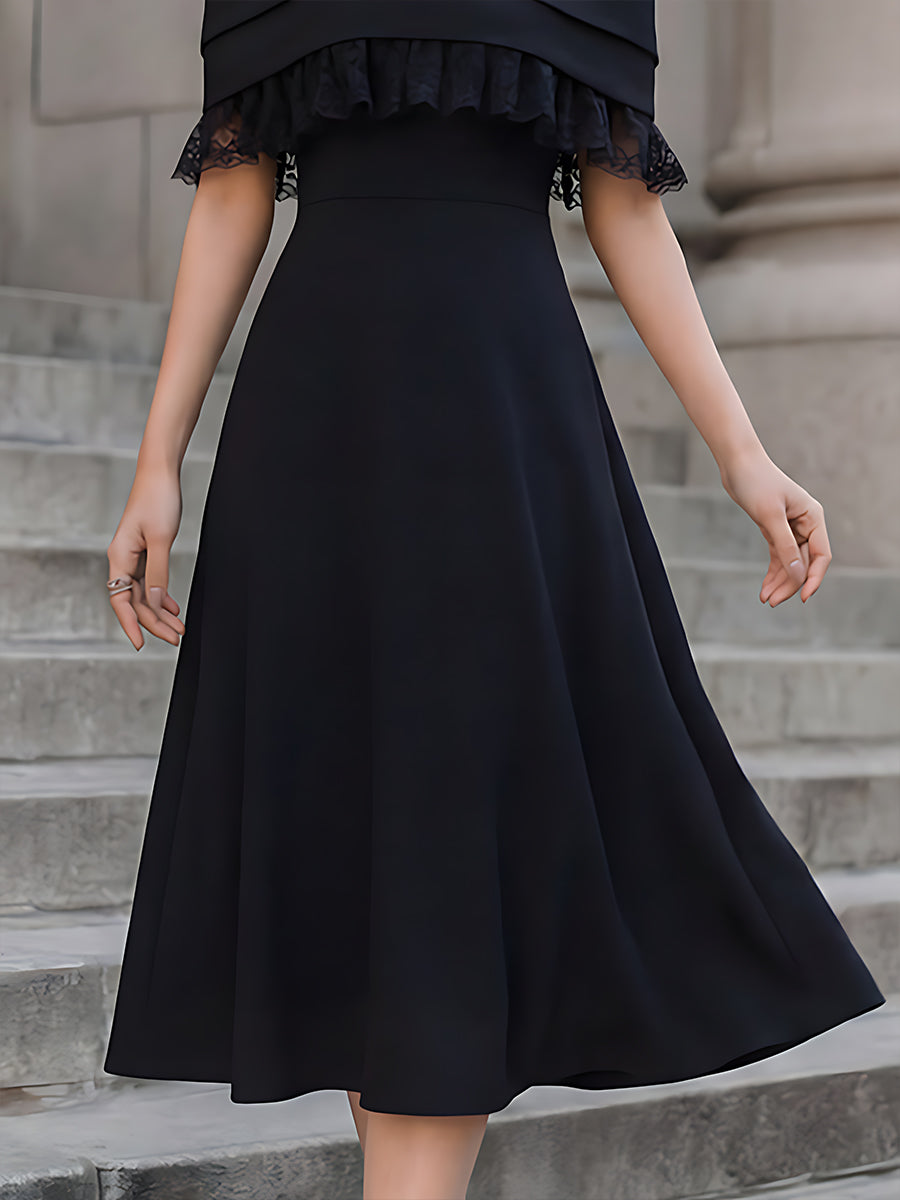 Off-Shoulder Lace Trim A-Line Midi Dress