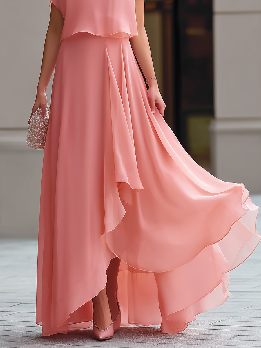Flowing Overlay Asymmetric Hem Chiffon Maxi Dress