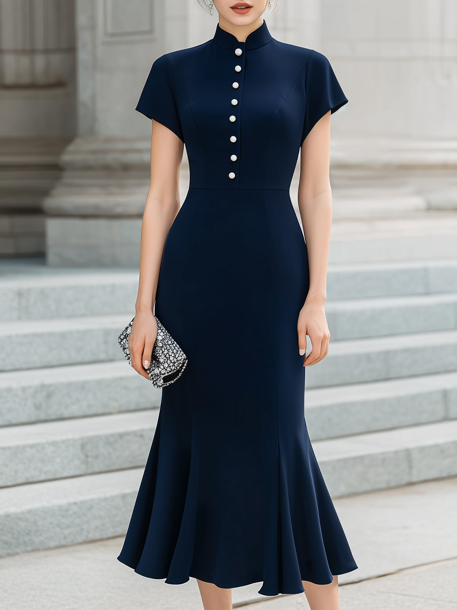 Mandarin Collar Pearl Button Midi Dress
