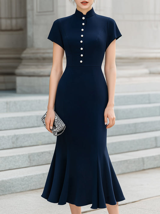 Mandarin Collar Pearl Button Midi Dress
