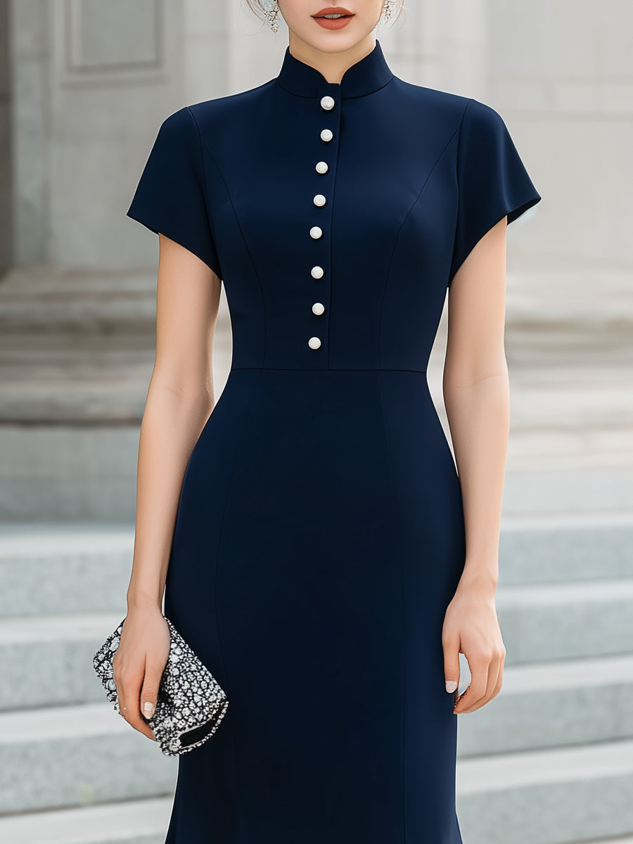 Mandarin Collar Pearl Button Midi Dress