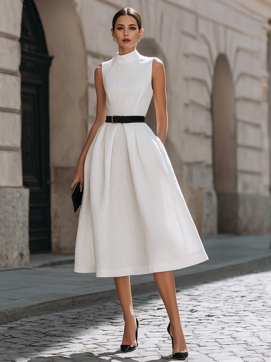 Structured Mock Neck Sleeveless Linen Midi Dress With Belted Waist