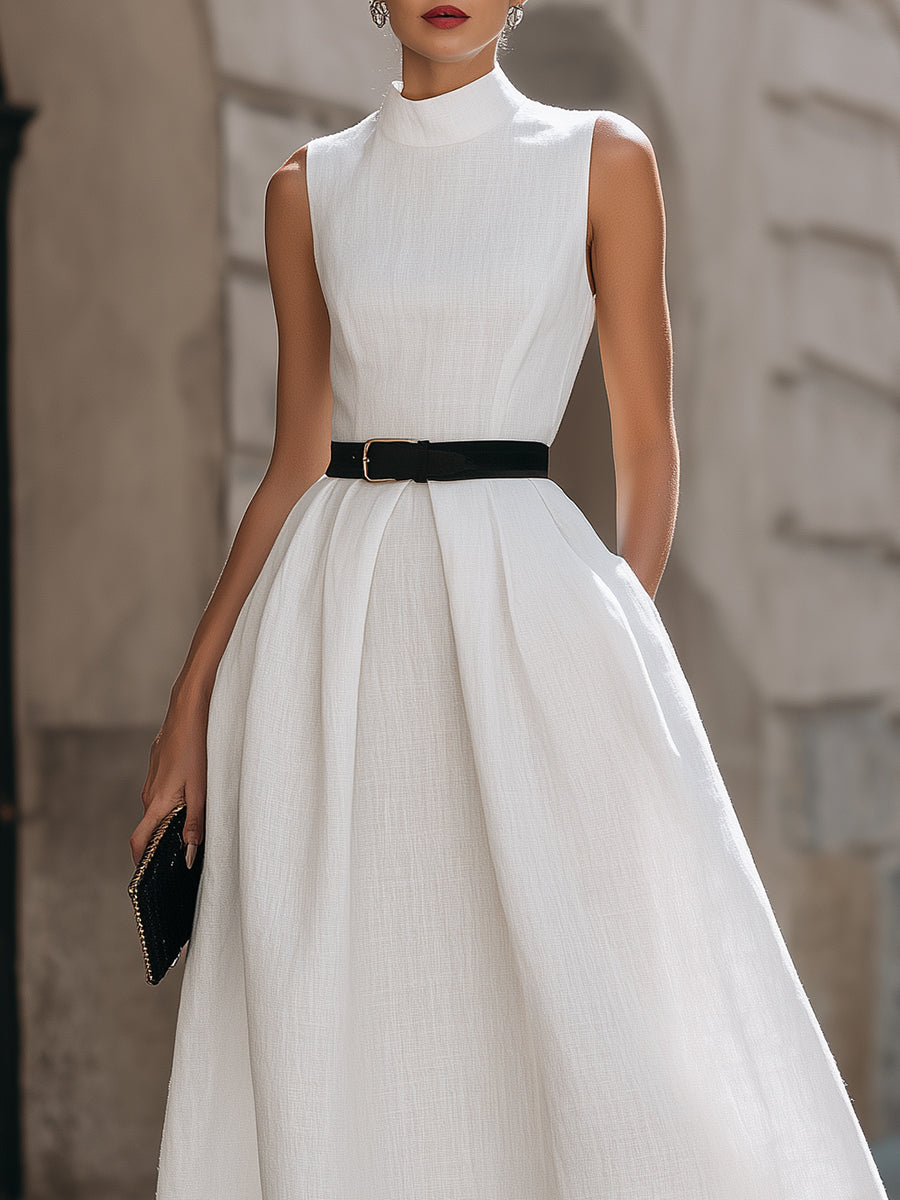 Structured Mock Neck Sleeveless Linen Midi Dress With Belted Waist