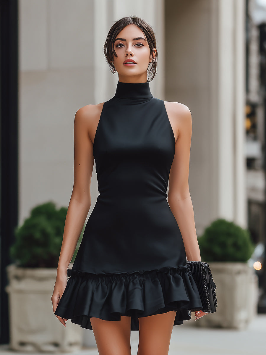Halter Neck Ruffle Hem Mini Dress