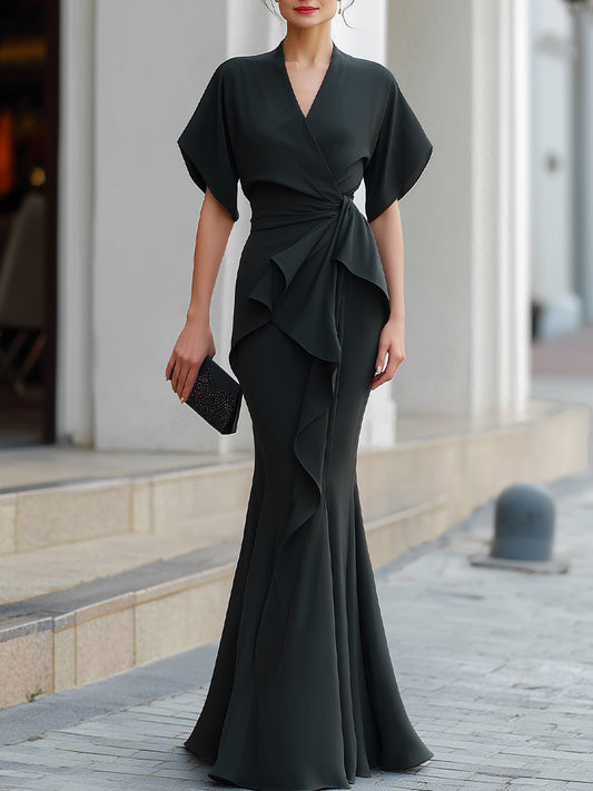 Draped Wrap Ruffle Front Mermaid Maxi Dress