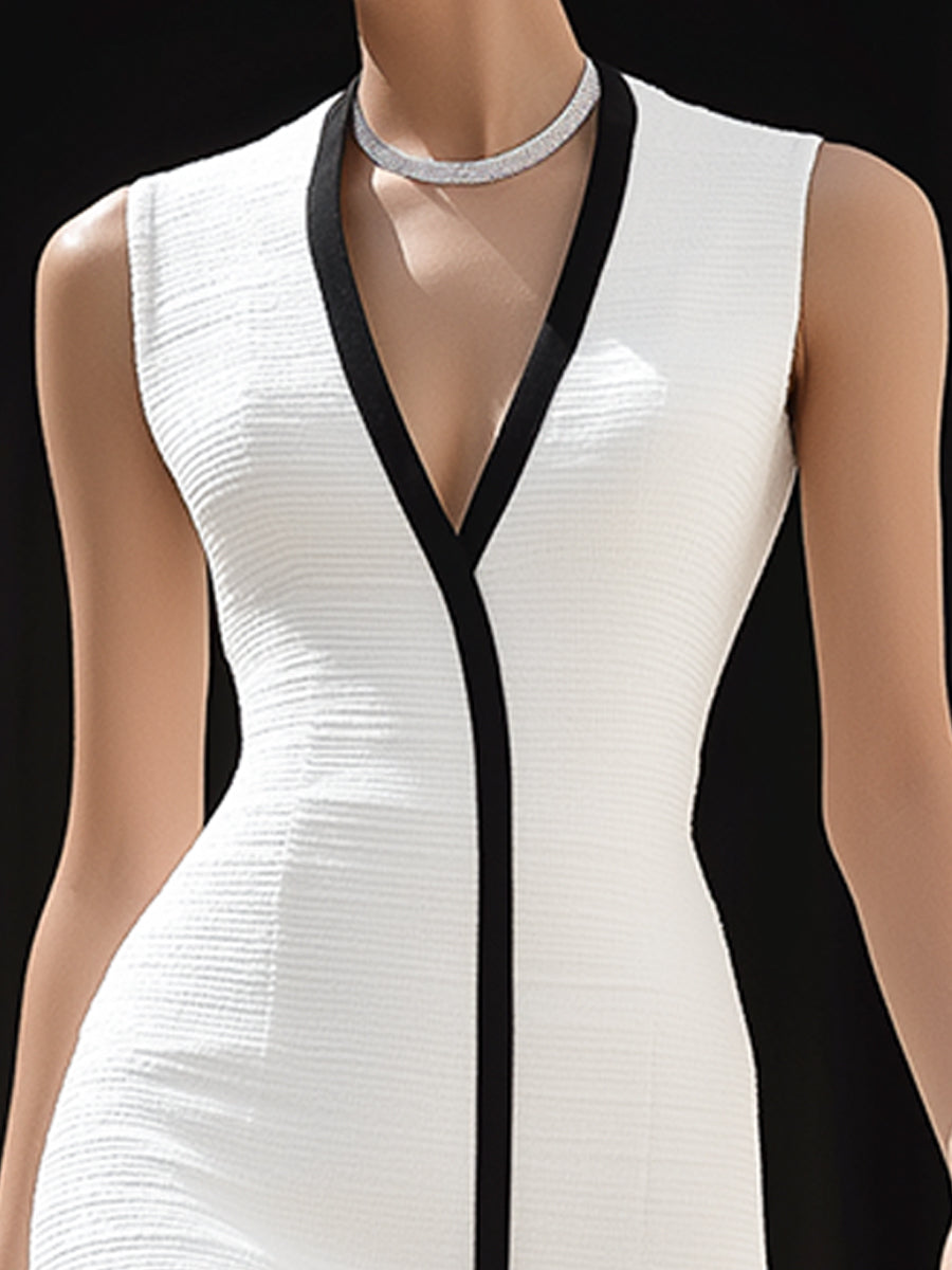 Contrast Trim V-Neck Bodycon Midi Dress