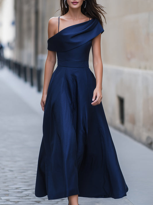 Off-Shoulder Folded Collar A-Line Midi Dress