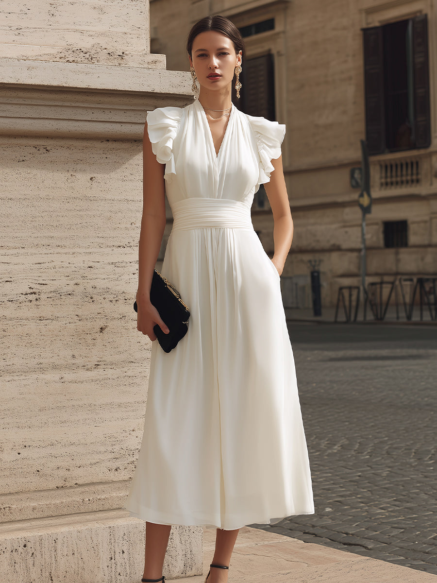 Ruffle Sleeve Ruched Waist Maxi Dress