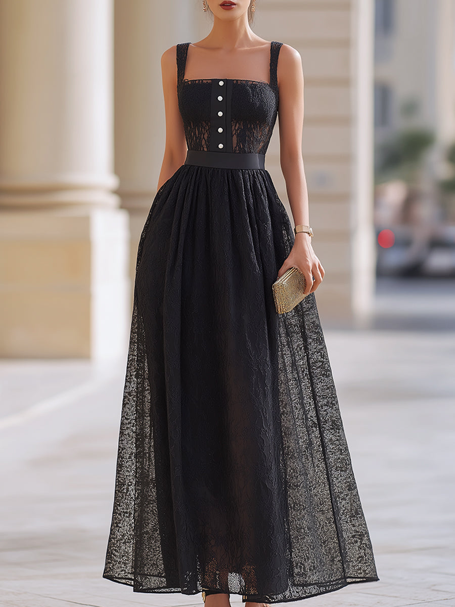 Black Lace Button Detail A-Line Midi Dress