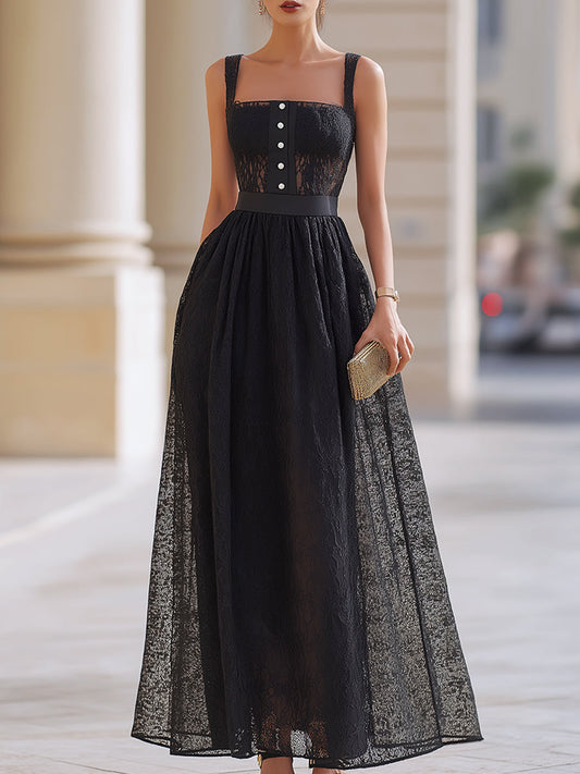 Black Lace Button Detail A-Line Midi Dress
