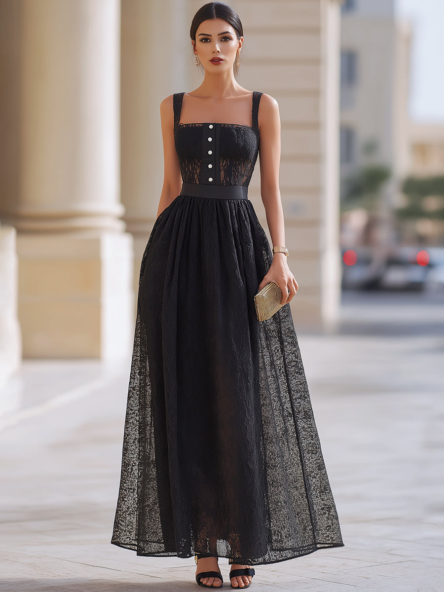 Black Lace Button Detail A-Line Midi Dress