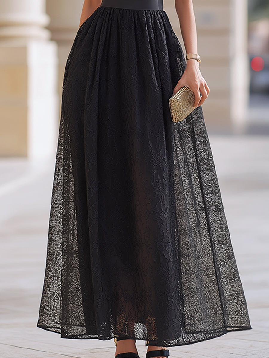 Black Lace Button Detail A-Line Midi Dress
