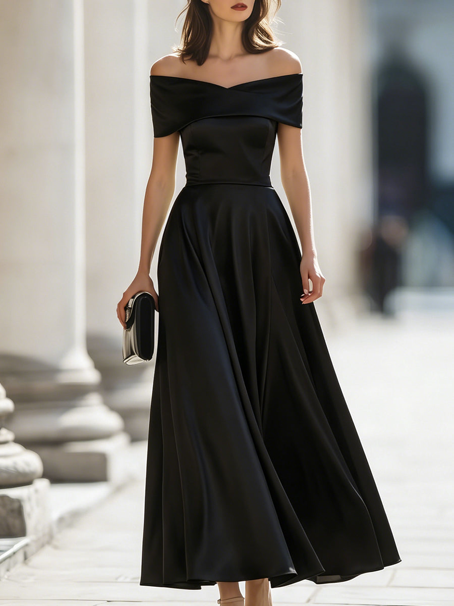 Off-Shoulder Satin A-Line Maxi Dress