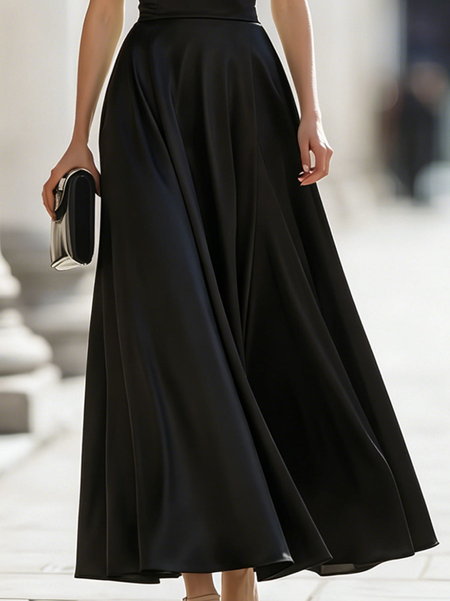 Off-Shoulder Satin A-Line Maxi Dress