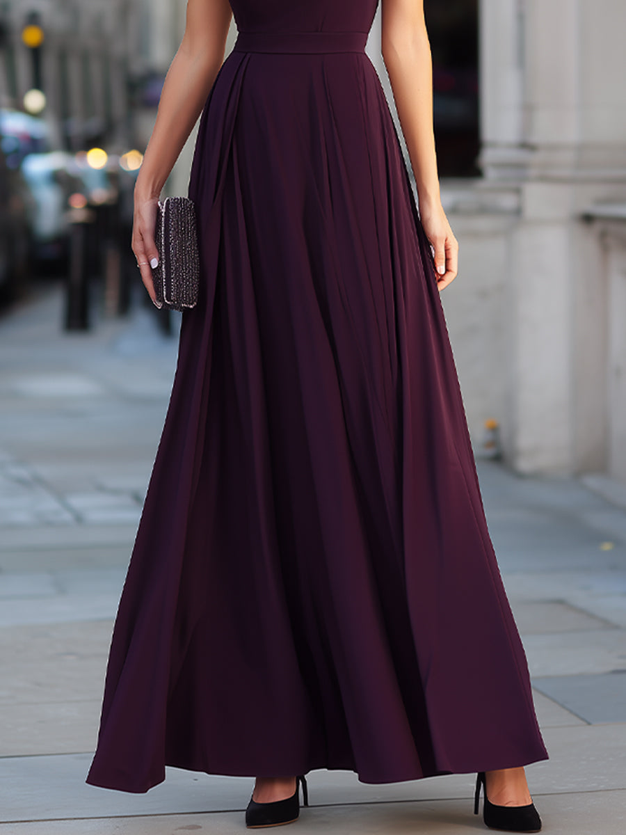 High Neck Pleated A-Line Maxi Dress