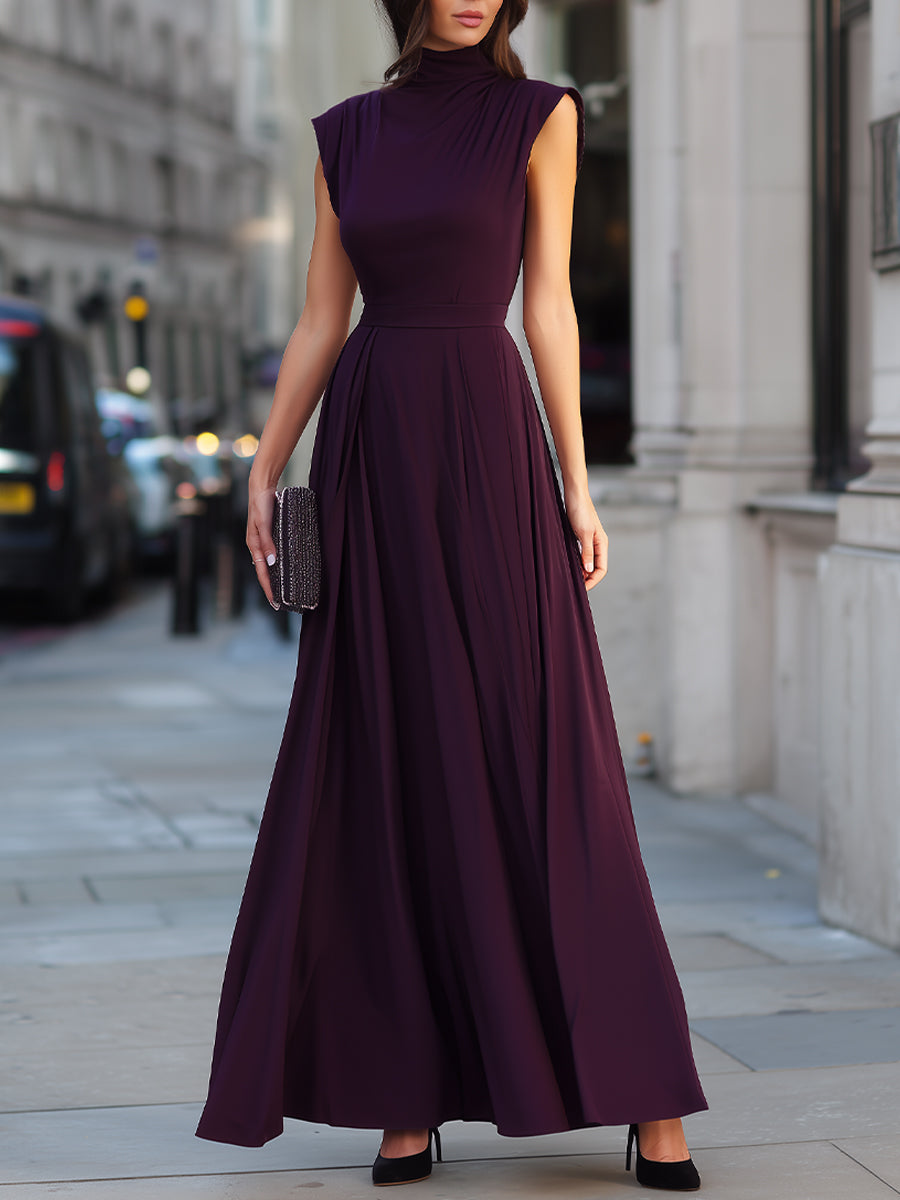 High Neck Pleated A-Line Maxi Dress