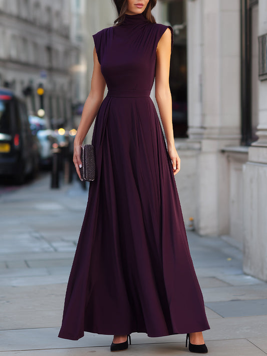 High Neck Pleated A-Line Maxi Dress