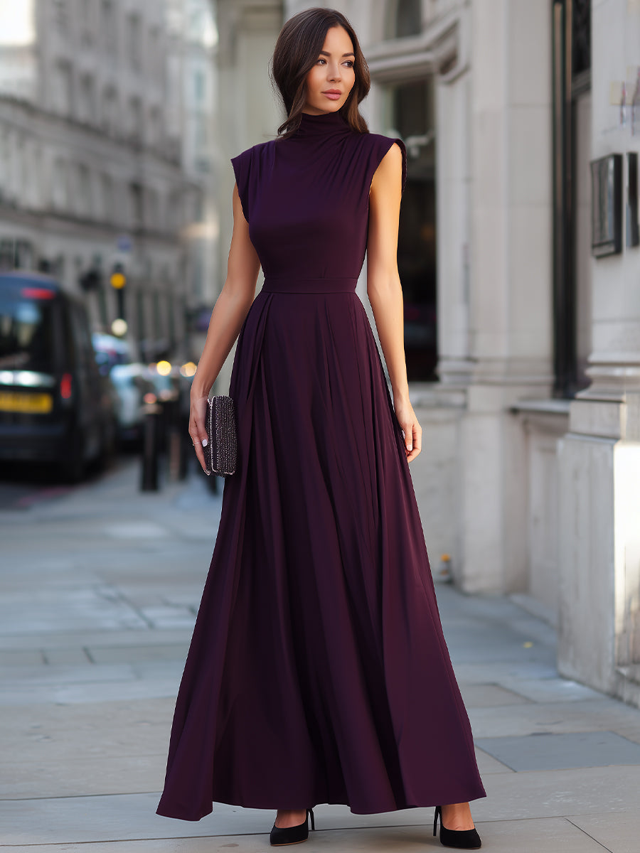 High Neck Pleated A-Line Maxi Dress
