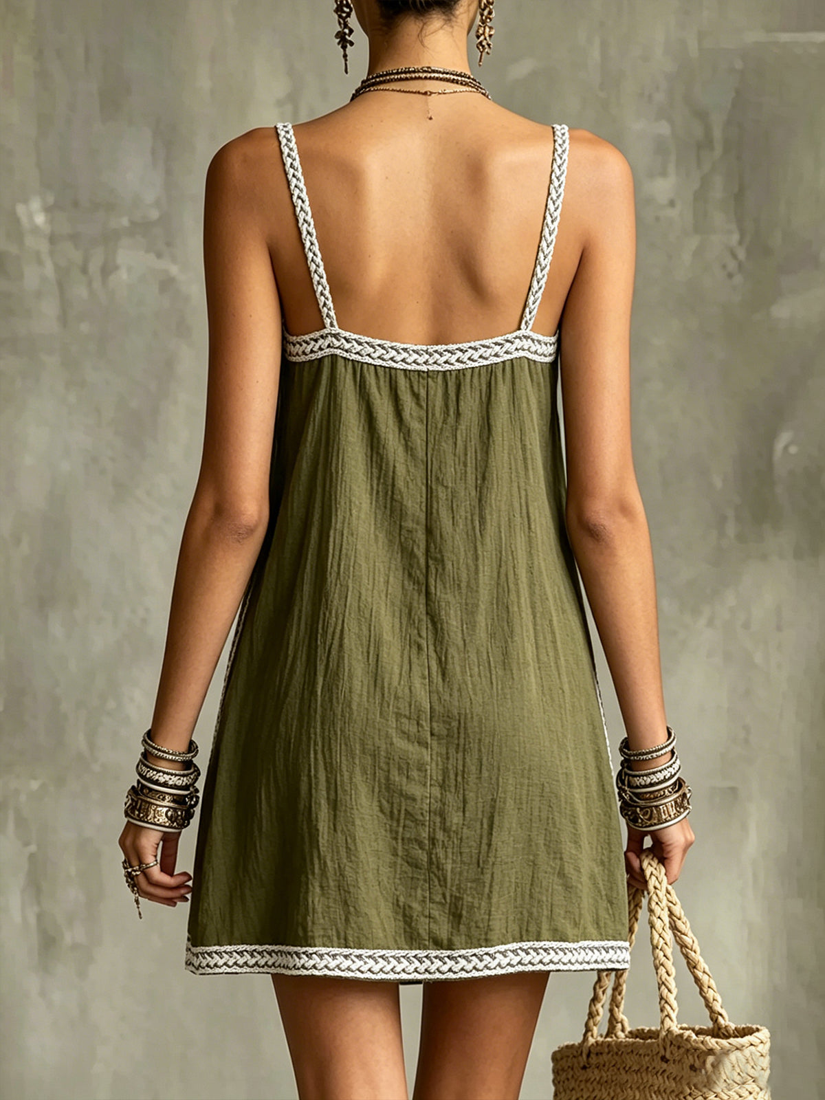 Olive Green Spaghetti Strap Mini Dress With Trim