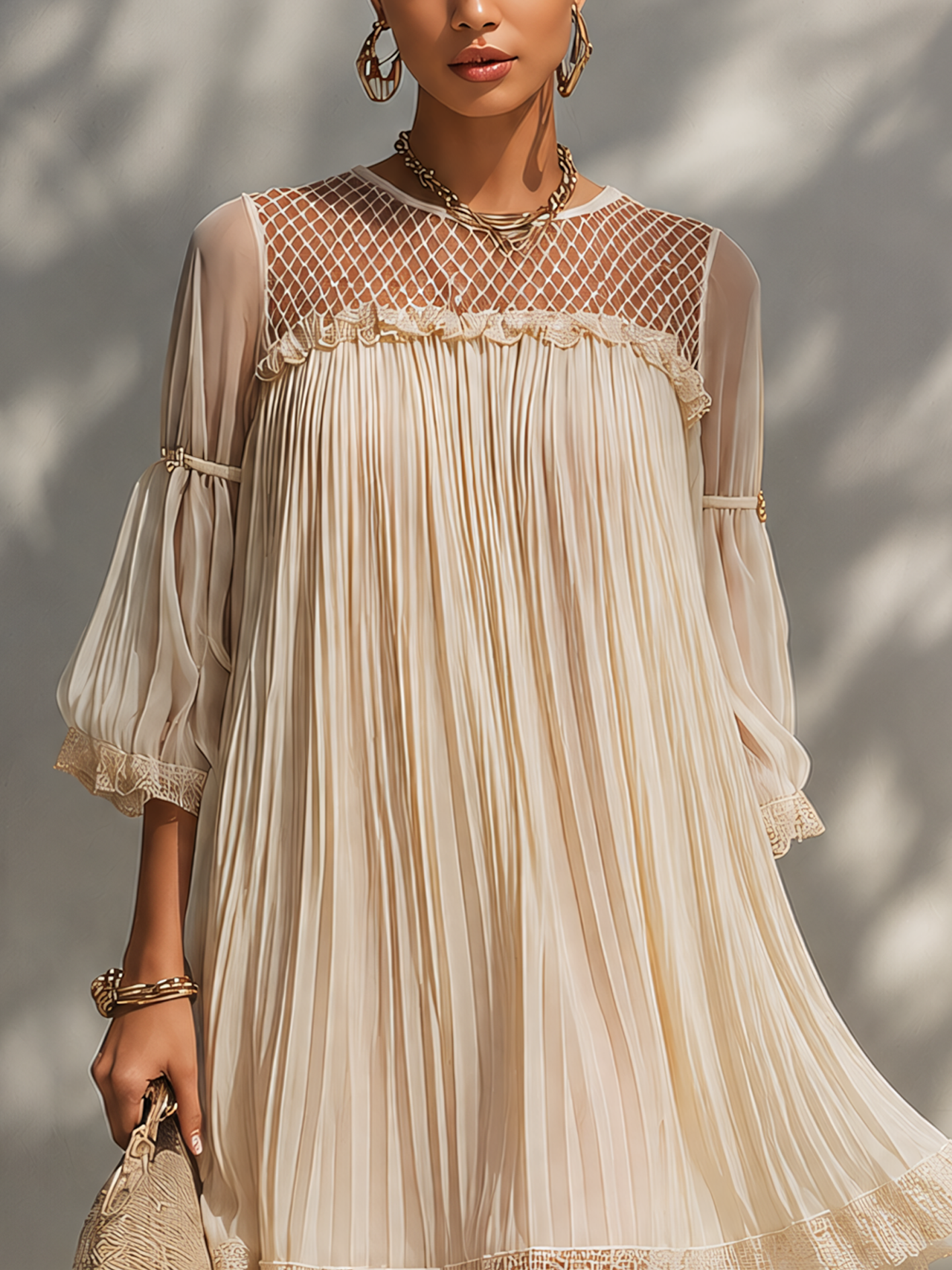 Beige Chiffon Pleated Mesh Mini Dress