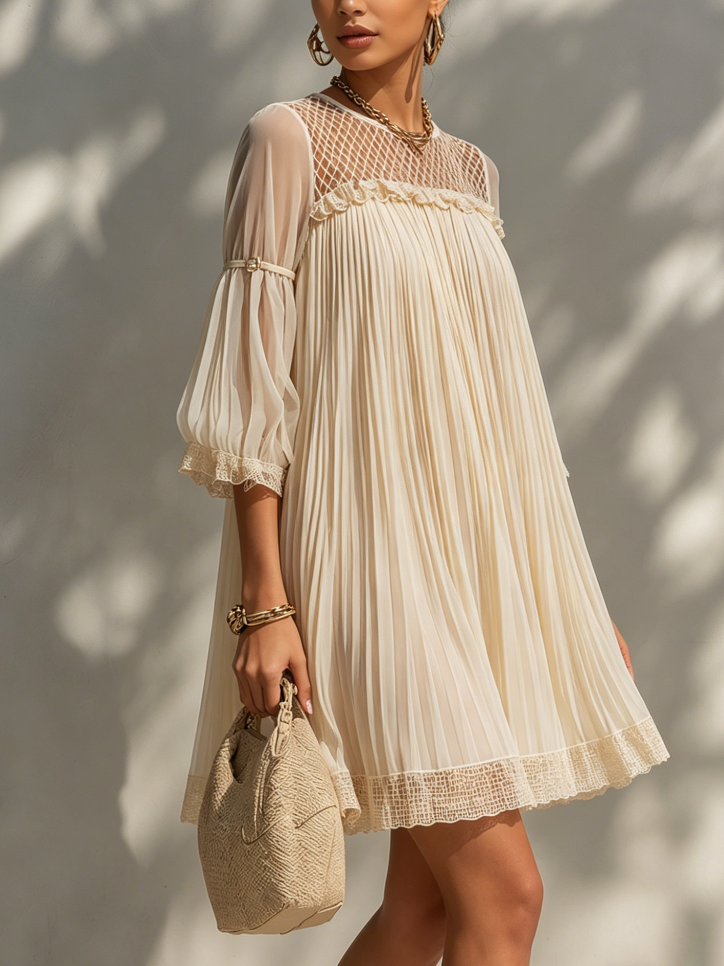 Beige Chiffon Pleated Mesh Mini Dress