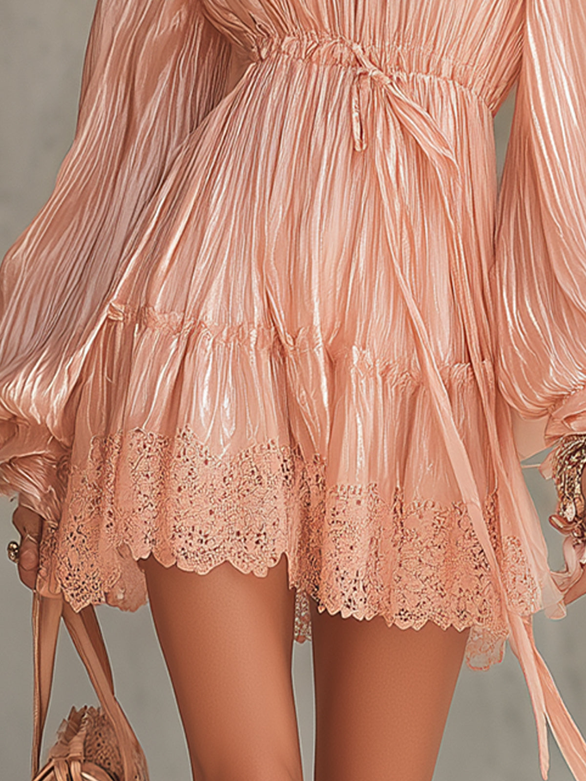 Pink Off-Shoulder Pleated Mini Dress With Lace Hem