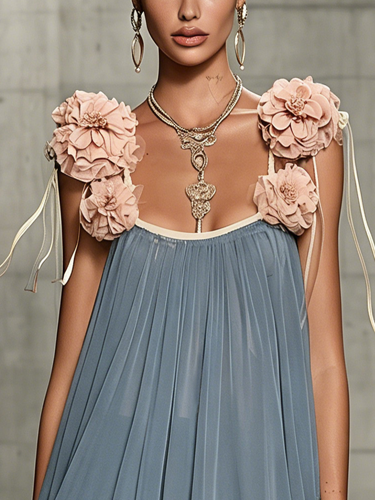 Gray Chiffon Mini Dress With 3D Floral Shoulder Accents