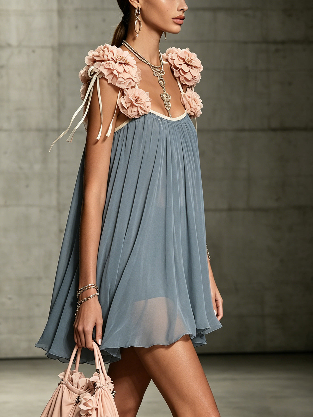 Gray Chiffon Mini Dress With 3D Floral Shoulder Accents