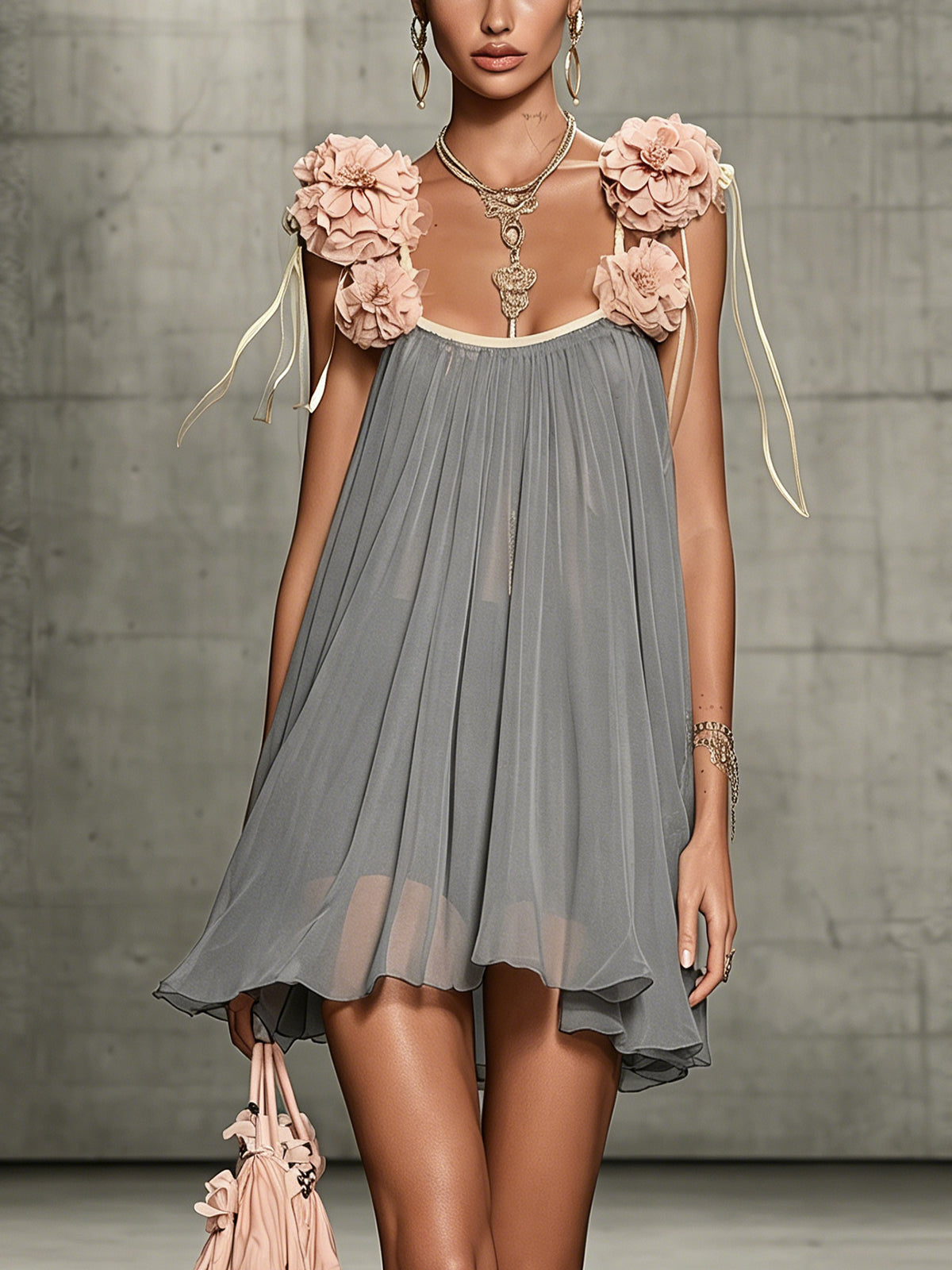 Gray Chiffon Mini Dress With 3D Floral Shoulder Accents